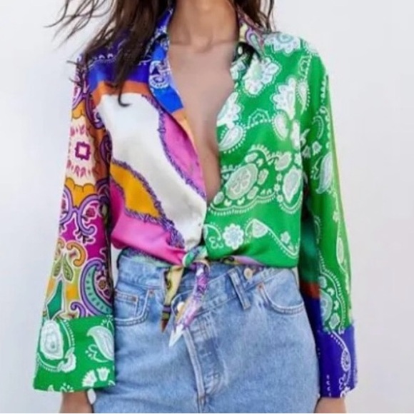 Zara Tops - ZARA. Women’s Medium Multicolored Blouse. Crop top with Bell Sleeve. Sat…